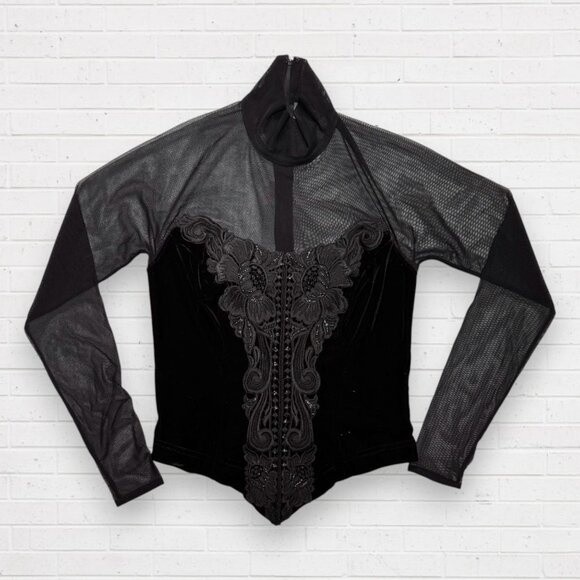 CACHE Vintage Y2K Feminine Black Sheer Mesh Velvet Lace Mock Neck Top Blouse S - Picture 1 of 13